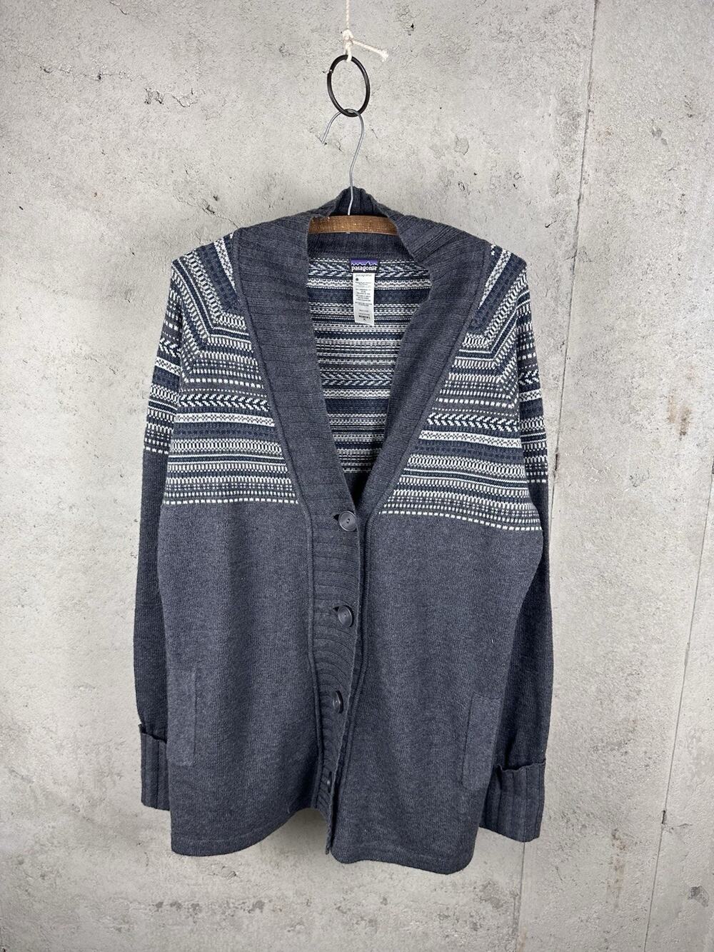 Patagonia Gray Lambswool Blend Striped Knit Cardigan WMS XL Rustic Cozy
